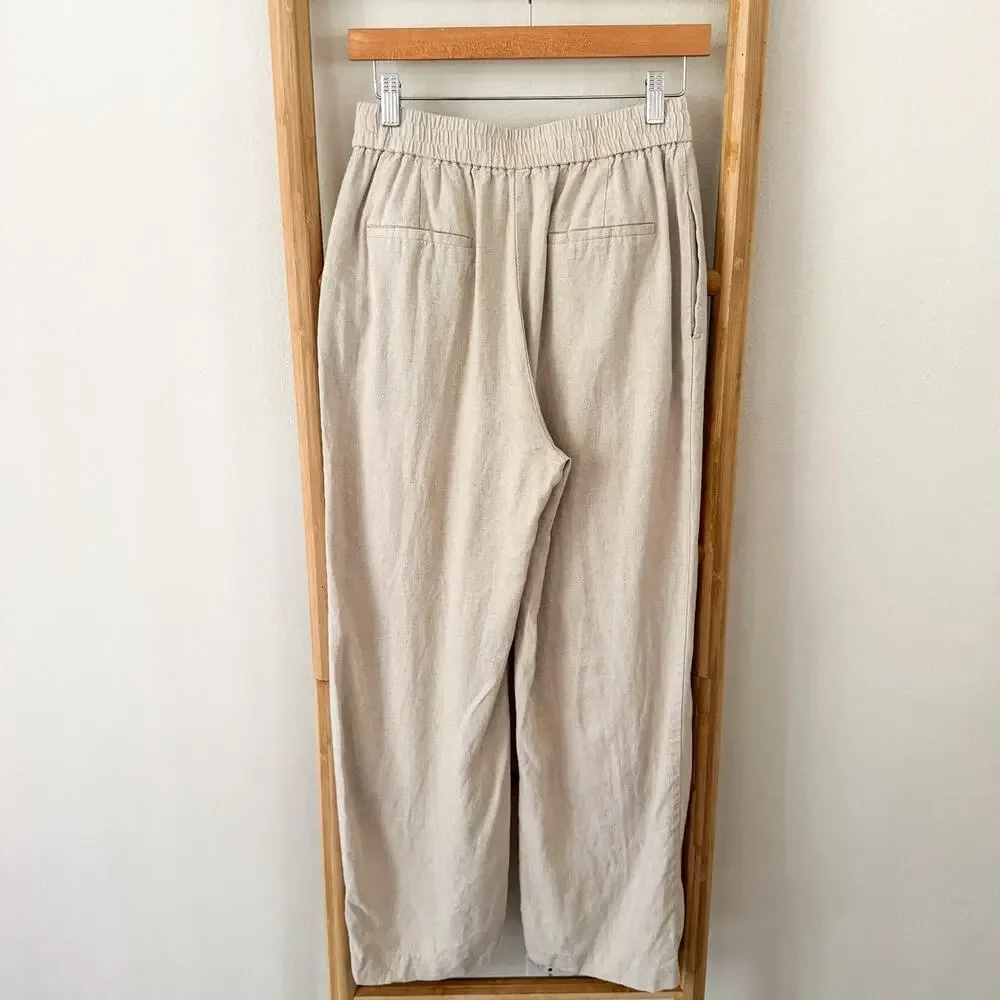 Zara Linen Blend Wide Leg Pants Beige Oatmeal Elastic Waist Size M EUC